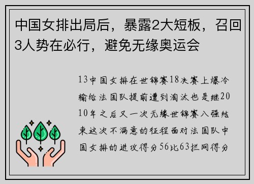 中国女排出局后，暴露2大短板，召回3人势在必行，避免无缘奥运会