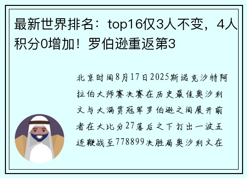 最新世界排名：top16仅3人不变，4人积分0增加！罗伯逊重返第3